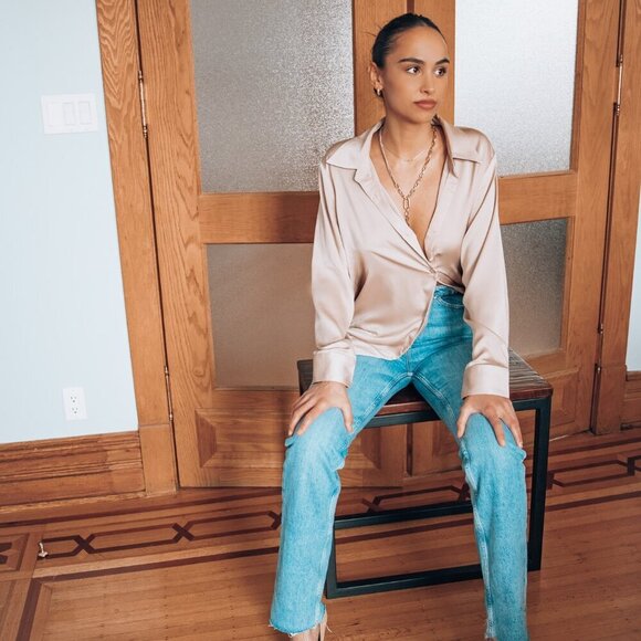 New Champagne Silky Button Down Blouse - Picture 1 of 5